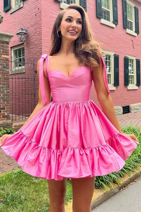 Cute Pink Satin A-line Sweetheart Bow Tie Straps Homecoming Dresses, MH616 Cute Pink Satin A-line Sweetheart Bow Tie Straps Homecoming Dresses, MH616