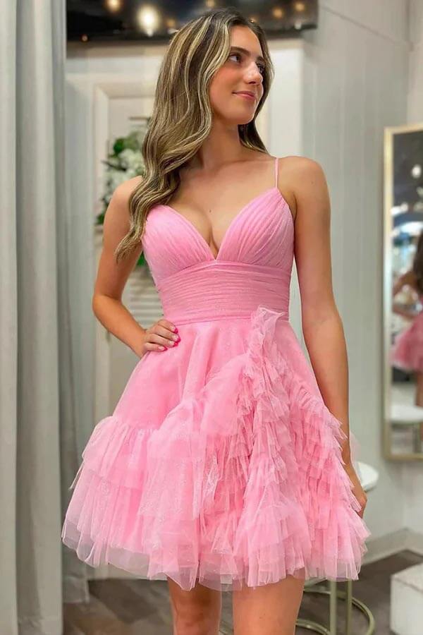 Cute Pink Tulle A-line Short Homecoming Dresses, MH651 | Musebridals Cute Pink Tulle A-line Short Homecoming Dresses, MH651 | Musebridals