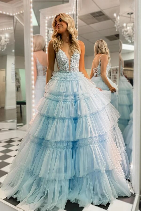 cute dresses for prom cheap Sky Blue Tulle Tiered Ball Gown V Neck Long Dress With Ruffles, MP1096 Free Knitting Pattern for which give off a anniversary lingerie for women SIZE:7