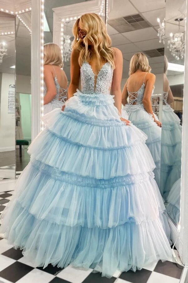 Cute Sky Blue Tulle Tiered Ball Gown V Neck Long Prom Dress With Ruffles, MP1096