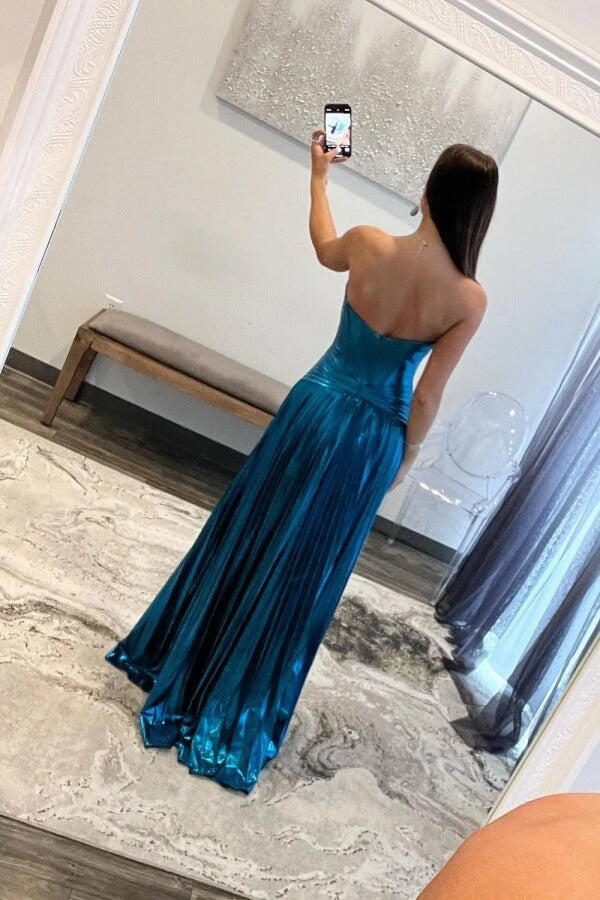 Turquoise A-line Sweetheart Pleated Prom Dresses, MP995