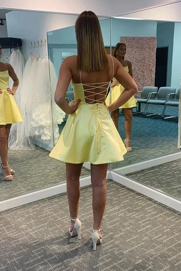 Cute Yellow Satin A-line Scoop Homecoming Dresses, Short Party Dress, MH606 Cute Yellow Satin A-line Scoop Homecoming Dresses, Short Party Dress, MH606