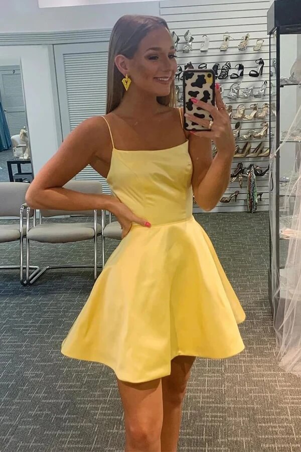 Cute Yellow Satin A-line Scoop Homecoming Dresses, Short Party Dress, MH606 Cute Yellow Satin A-line Scoop Homecoming Dresses, Short Party Dress, MH606