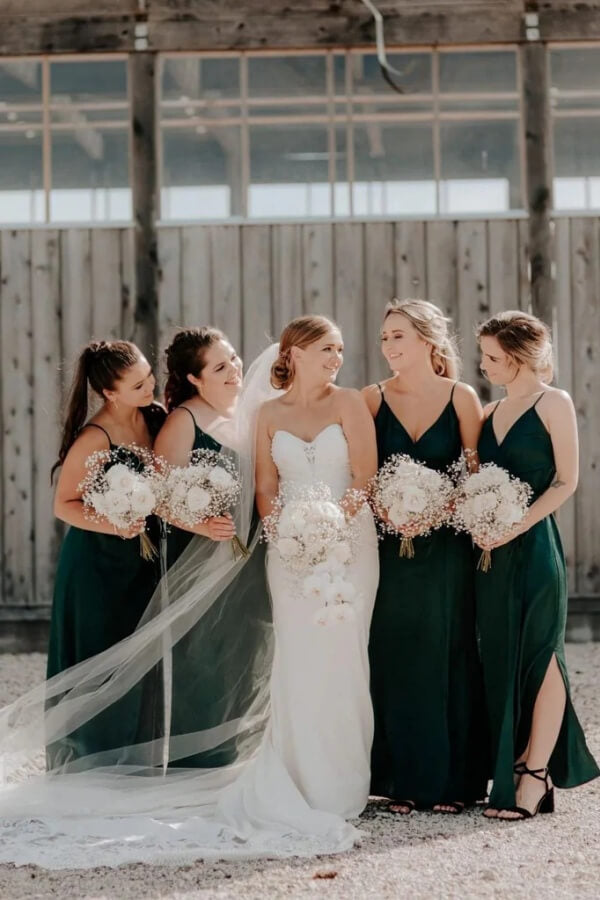Dark Green A Line Spaghetti Straps Long Bridesmaid Dresses With Slit, MBD294