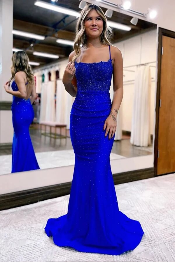 Dark Green Elastic Satin Beaded Mermaid Spaghetti Straps Prom Dresses, MP847 | royal blue prom dress | lace prom dresses | evening gown | musebridals.com