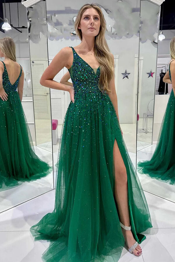Dark Green Tulle A-line Backless Rhinestone Side Slit Long Prom Dresses,  MP880