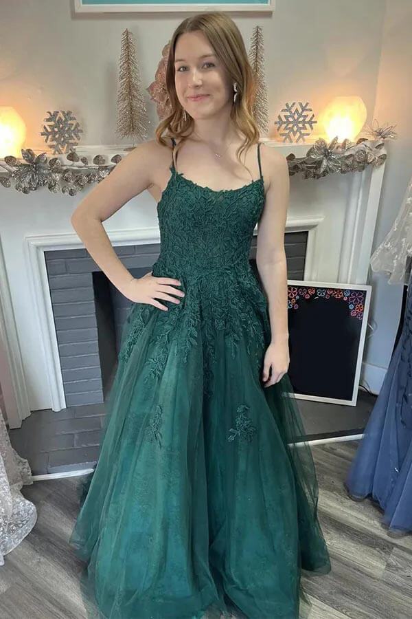 Dark Green Tulle A-line Scoop Spaghetti Straps Long Prom Dresses, MP969 | green prom dresses | long formal dresses | evening gown | musebridals.com