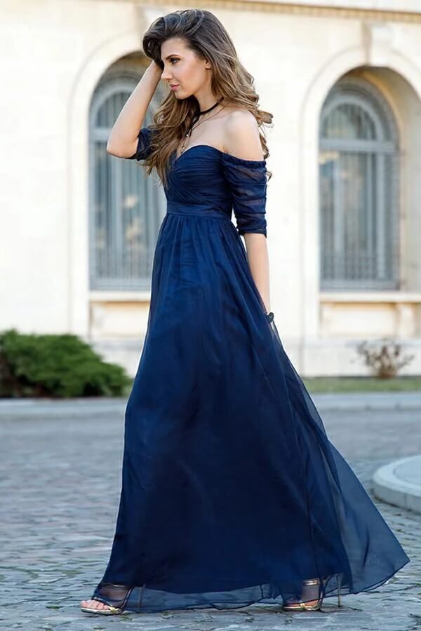 Dark Navy Tulle Half Sleeves Off-the-shoulder Bridesmaid Dresses, MBD285 Dark Navy Tulle Half Sleeves Off-the-shoulder Bridesmaid Dresses, MBD285