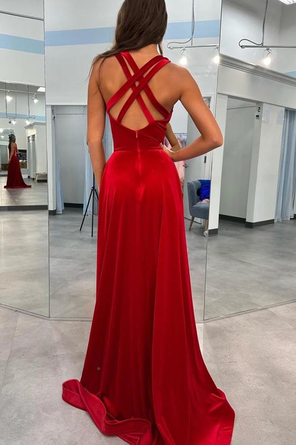 Dark Red Velvet A-line V-neck Rhinestone Straps Prom Dresses With Slit, MP939 | cheap prom dresses online | party dress | new arrival prom dress | musebridals.com