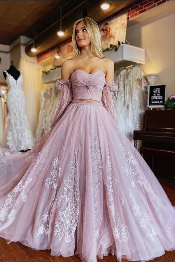 Dusty Pink A-line Two Pieces Lace Prom Dresses, MP938 | Musebridals Dusty Pink A-line Two Pieces Lace Prom Dresses, MP938 | Musebridals