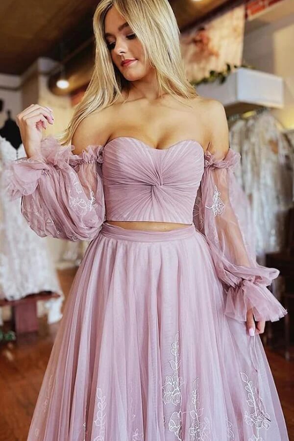 Dusty Pink A line Two Pieces Lace Appliques Prom Dresses With Sleeves MP938