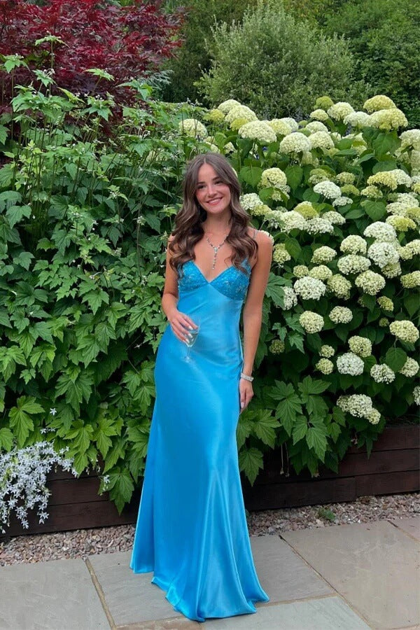 Elegant Blue Silk Satin Sheath V Neck Spaghetti Straps Prom Dresses, MP1042 Elegant Blue Silk Satin Sheath V Neck Spaghetti Straps Prom Dresses, MP1042