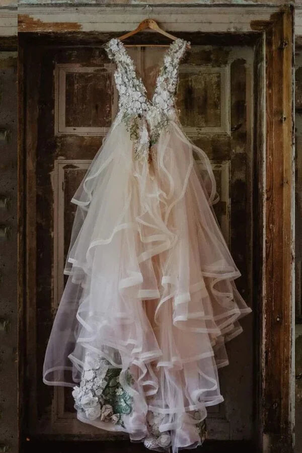 Tulle A-line V-neck Floral Lace Wedding Dresses, MW1009 | Musebridals