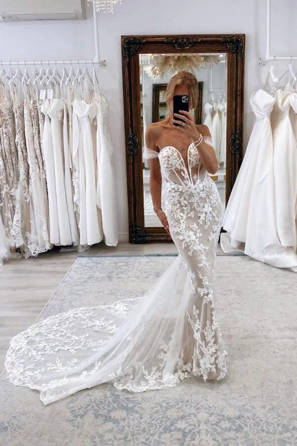 knee length dresses for ladies Elegant Tulle Mermaid Off Shoulder Wedding Dress With Lace Appliques, MW1166