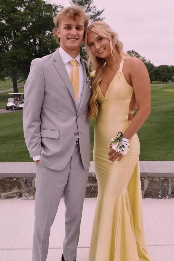 Elegant Yellow Satin Mermaid Deep V Neck Prom Dresses With Train, MP1046