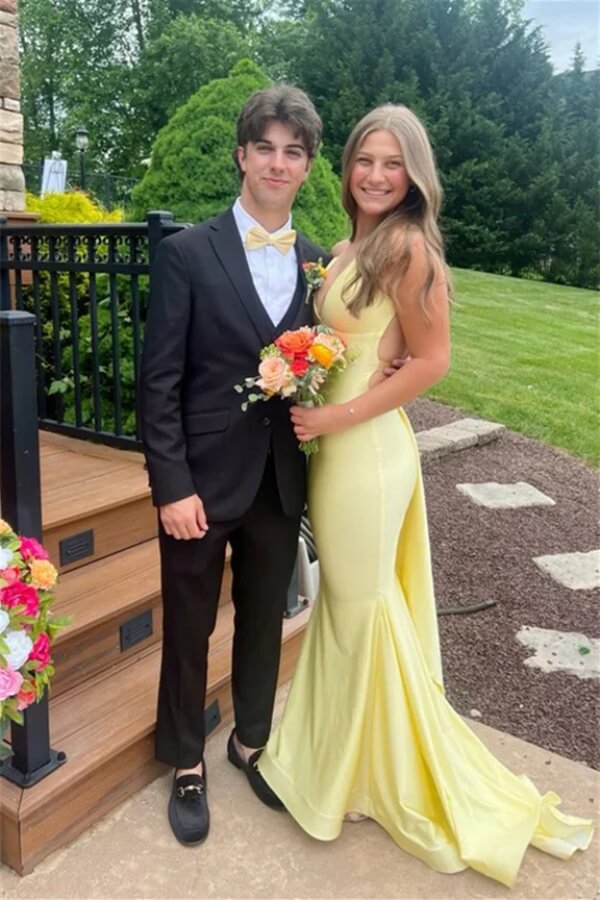 Elegant Yellow Satin Mermaid Deep V Neck Prom Dresses With Train, MP1046 | cheap prom dress | long formal dress | simple prom dress | musebridals.com