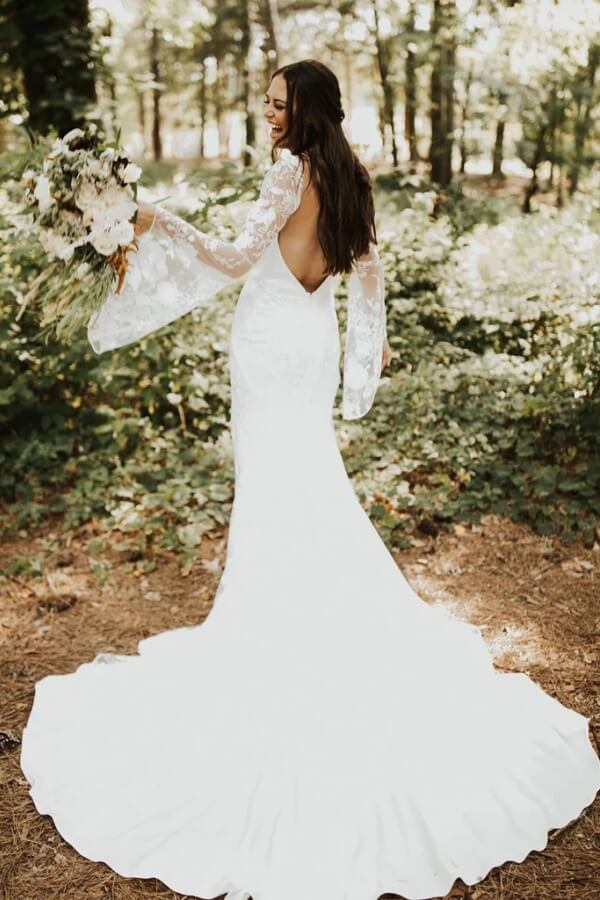 Fabulous Sheath Long sleeve V Neck Backless Lace Wedding Dresses, MW1104