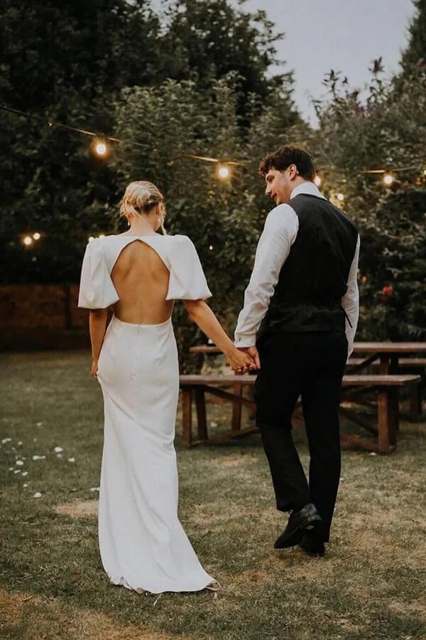 Fairy Elastic Satin V-neck Modest Wedding Dress, MW1077