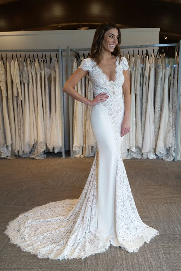 Satin Mermaid V Neck Lace Wedding Dresses, MW1157 | Musebridals.com Satin Mermaid V Neck Lace Wedding Dresses, MW1157 | Musebridals.com