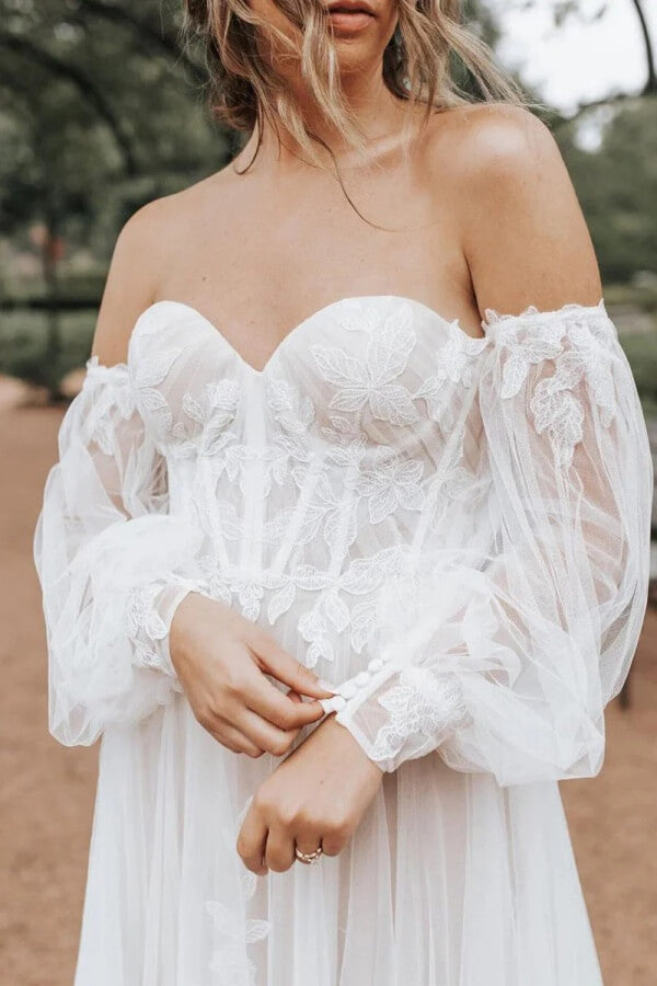 Fairy Tulle A Line Long Sleeve Wedding Dress, MW1254