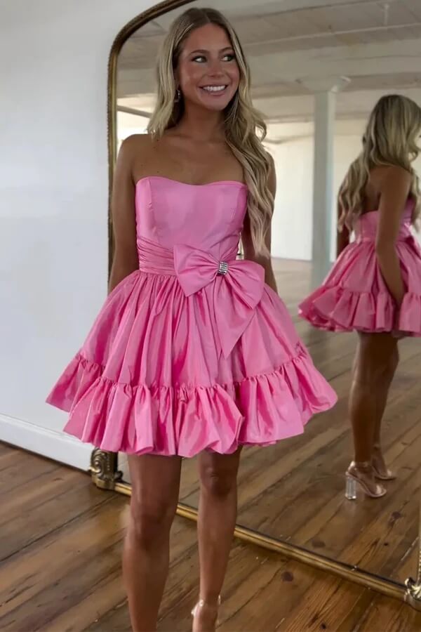 Fuchsia Satin A Line Strapless Ruffled Cute Homecoming Dresses With Bow, MH667 Fuchsia Satin A Line Strapless Ruffled Cute Homecoming Dresses With Bow, MH667