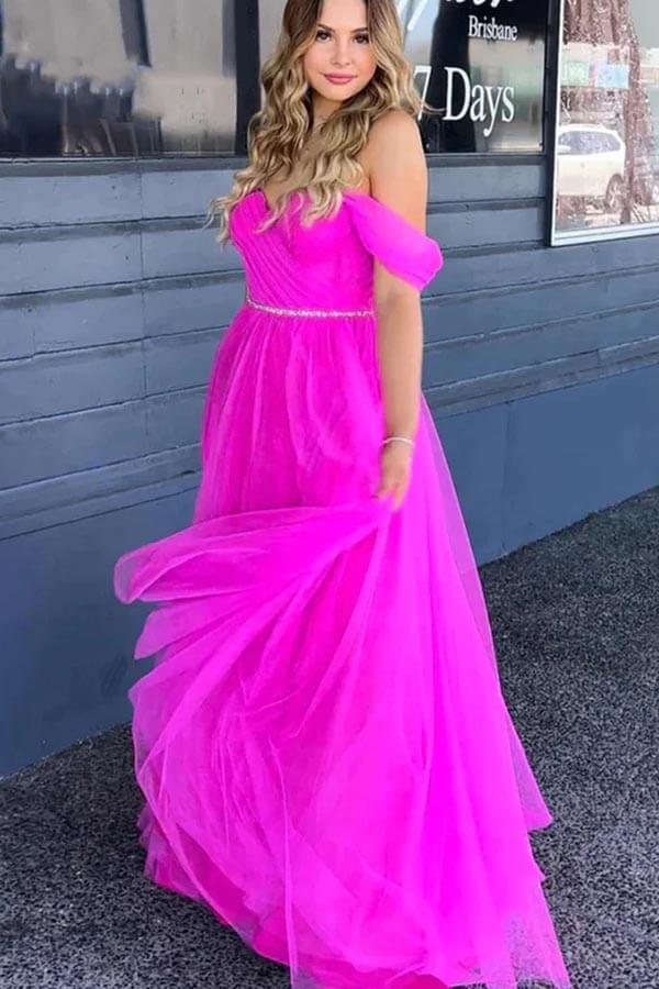 Fuchsia Tulle A-line Off-the-shoulder Floor Length Prom Dresses With Belt, MP845 | long prom dresses online | evening gown | party dress | musebridals.com
