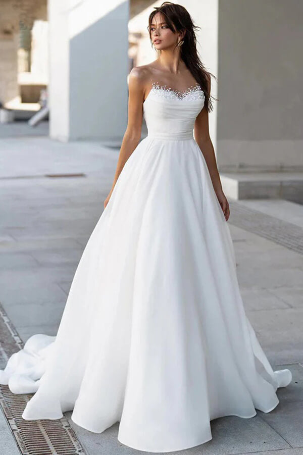 Glamorous Satin A-line Sweetheart Modest Wedding Dresses With Pearls, MW1024 Glamorous Satin A-line Sweetheart Modest Wedding Dresses With Pearls, MW1024
