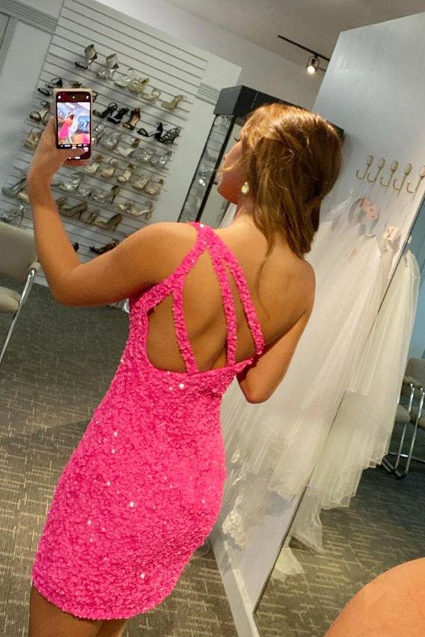 Sequins Hot Pink One Shoulder Homecoming Dresses, MH589 Musebridals