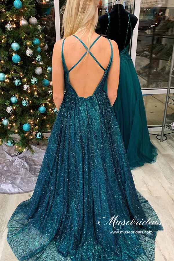 Glittering Teal A-line V-neck Spaghetti Straps Prom Dresses With Train, MP902 Glittering Teal A-line V-neck Spaghetti Straps Prom Dresses With Train, MP902