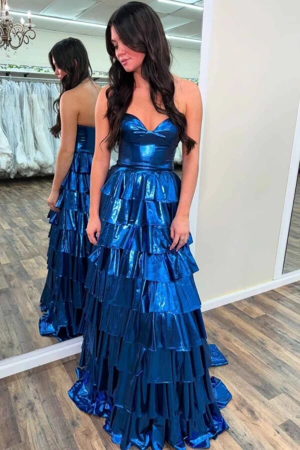 Gold Satin A Line Sweetheart Tiered Prom Dresses, MP1017 | Musebridals Gold Satin A Line Sweetheart Tiered Prom Dresses, MP1017 | Musebridals