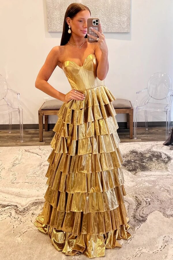 Gold Satin A Line Sweetheart Sleeveless Tiered Prom Dresses, Party Dress,  MP1017