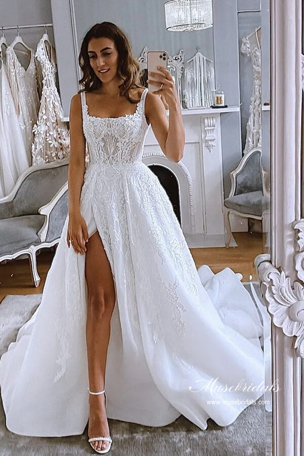 Gorgeous Ball Gown Square Neck Lace Appliques Wedding Dresses, MW1066 | satin wedding dresses | winter wedding dress | vintage wedding dresses | musebridals.com