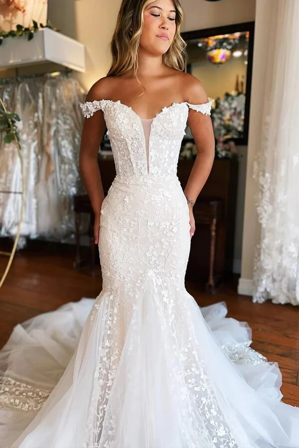 Gorgeous Ivory Tulle Mermaid V-neck Lace Appliqued Wedding Dresses, MW1002 Gorgeous Ivory Tulle Mermaid V-neck Lace Appliqued Wedding Dresses, MW1002