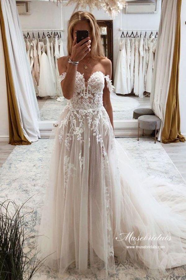 affordable lace wedding dresses Off Shoulder A-line Long Online, Cheap Bridal Dre  SposaDresses Ball Gown Neckline Off the Shoulder Floral Lace