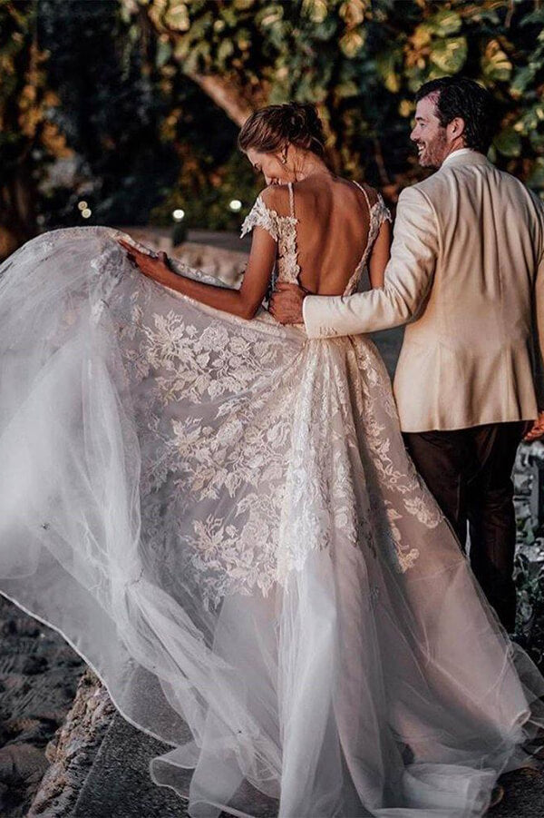 mermaid lace wedding dress cap sleeves Cream / 4