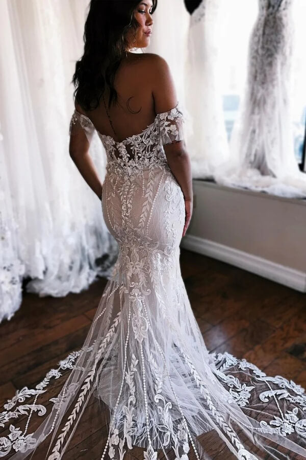 smocking dresses Tulle Mermaid Off Shoulder Lace Wedding Dress,MW1131