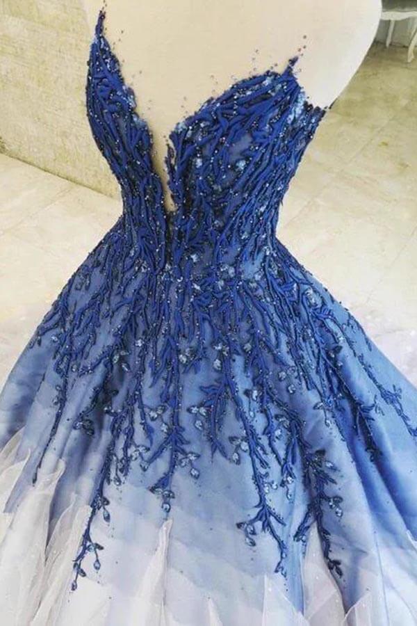 Gorgeous Tulle Ombre Ball Gown V-neck Long Prom Dresses With Lace Appliques, MP840 Gorgeous Tulle Ombre Ball Gown V-neck Long Prom Dresses With Lace Appliques, MP840