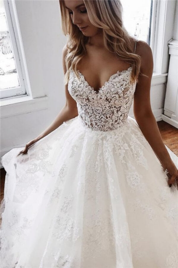 strapless open back dress Thin Straps Lace Tulle Princess Ball Gown Wedding Dress