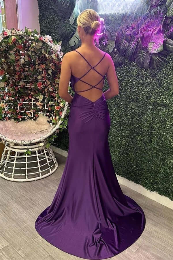 Grape Satin Mermaid Spaghetti Straps Beaded Long Prom Dresses With Slit, MP906 Grape Satin Mermaid Spaghetti Straps Beaded Long Prom Dresses With Slit, MP906