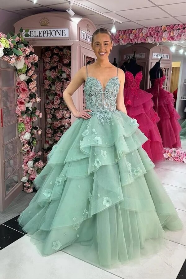 Green Ball Gown Sweetheart Ruffle Tiered Prom Dresses With Appliques, MP978 Green Ball Gown Sweetheart Ruffle Tiered Prom Dresses With Appliques, MP978