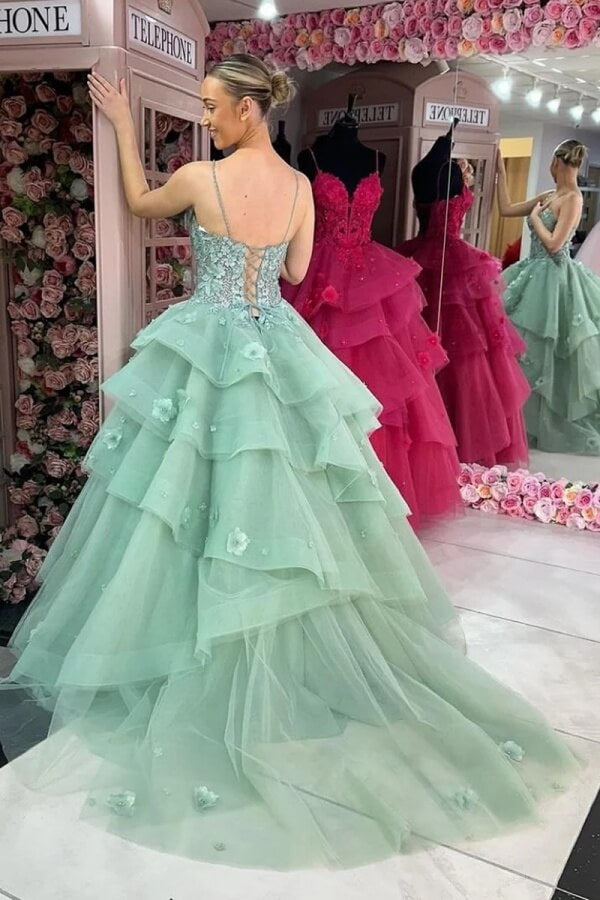 Green Ball Gown Sweetheart Ruffle Tiered Prom Dresses With Appliques, MP978 | long junior prom dress | long prom dresses | cheap prom dress | musebridals.com