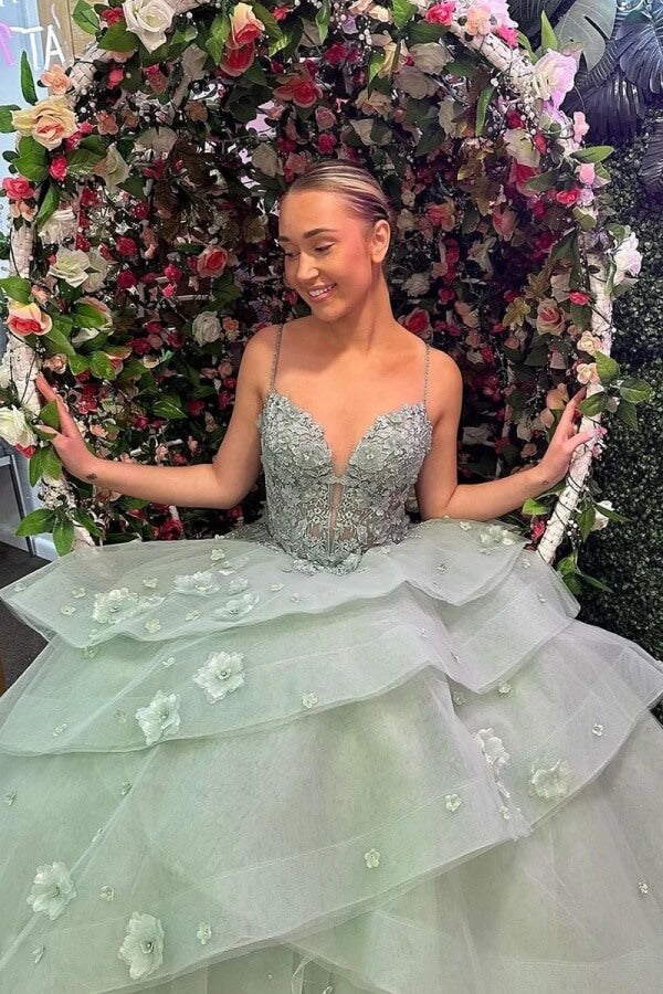 Green Ball Gown Sweetheart Ruffle Tiered Prom Dresses With Appliques, MP978 | lace prom dresses | senior prom dresses | evening dresses near me | musebridals.com