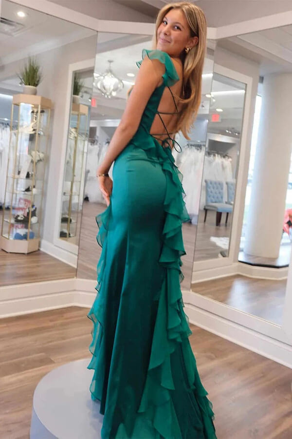 Green Chiffon Mermaid Square Neck Ruffled Prom Dresses With Slit, MP998 Green Chiffon Mermaid Square Neck Ruffled Prom Dresses With Slit, MP998