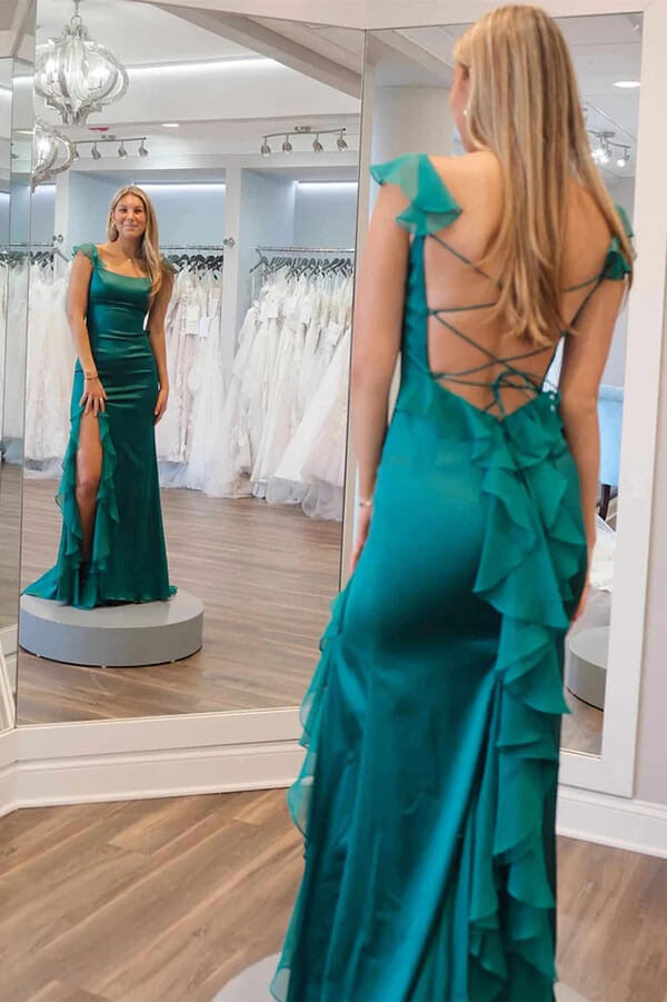 Green Chiffon Square Neck Ruffled Prom Dresses, MP998 | Musebridals Green Chiffon Square Neck Ruffled Prom Dresses, MP998 | Musebridals
