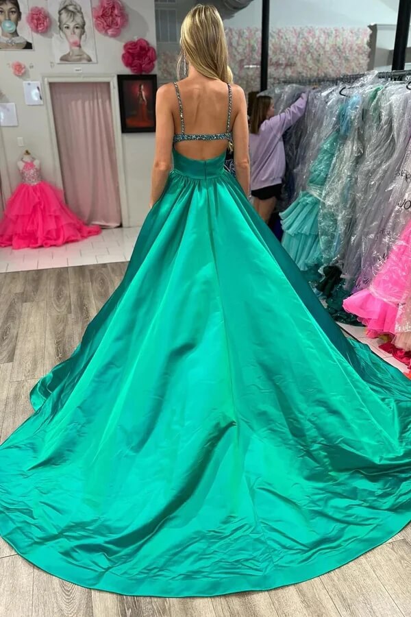 Green Satin A-line V-neck Beaded Prom Dress, MP958 | Musebridals Green Satin A-line V-neck Beaded Prom Dress, MP958 | Musebridals
