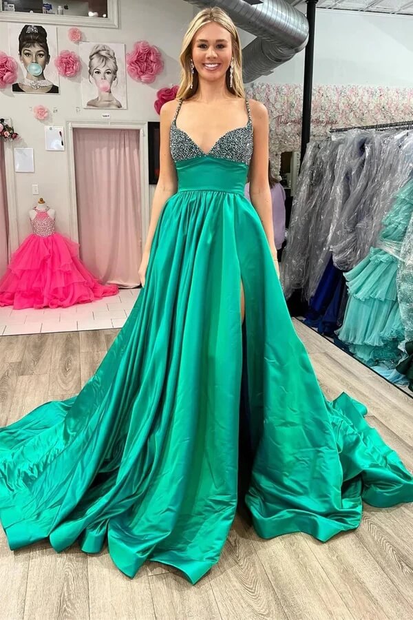 Green Satin A-line V-neck Beaded Prom Dress, MP958 | Musebridals Green Satin A-line V-neck Beaded Prom Dress, MP958 | Musebridals