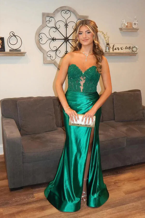 Green Satin Mermaid Sweetheart Lace Prom Dresses, MP1050 | Musebridals Green Satin Mermaid Sweetheart Lace Prom Dresses, MP1050 | Musebridals