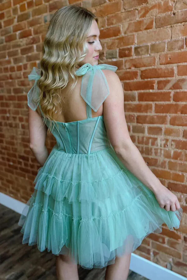 a line spaghetti straps short homecoming dress Green Tulle A-Line Tiered Dresses, MH650 high slit chiffon dress
