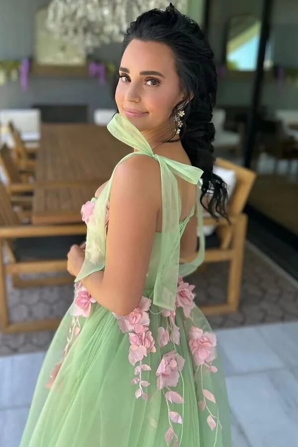 Green Tulle A Line Sweetheart Sleeveless Prom Dresses WIth Flowers, MP1051 Green Tulle A Line Sweetheart Sleeveless Prom Dresses WIth Flowers, MP1051
