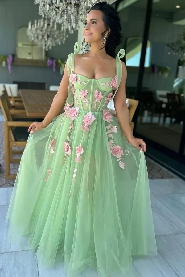 Green Tulle A Line Sweetheart Sleeveless Prom Dresses WIth Flowers, MP1051 Green Tulle A Line Sweetheart Sleeveless Prom Dresses WIth Flowers, MP1051